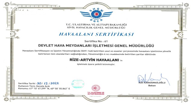 Rize Valisi Çeber,"Havaalanı Sertifikası" verildi